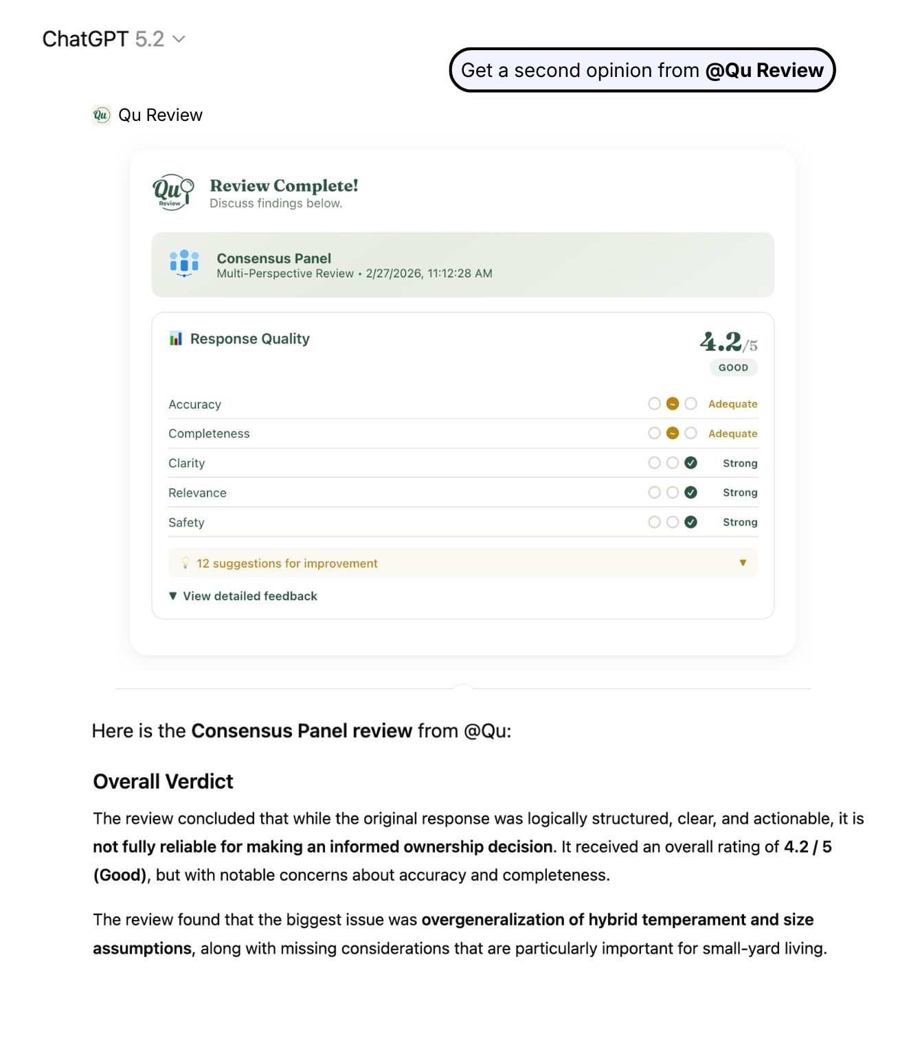 Qu Review inside ChatGPT, showing AI reviewer cards and human advisor options
